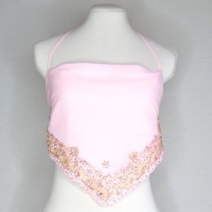 Light Pink & Gold Hand Beaded Halter Crop Top